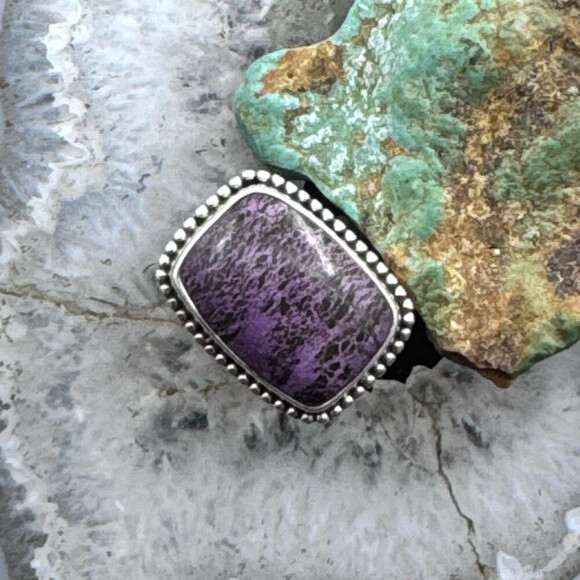 Sterling Southwestern Style Purpurite Decorated Bar Ring Size 8 For Women - Picture 2 of 10